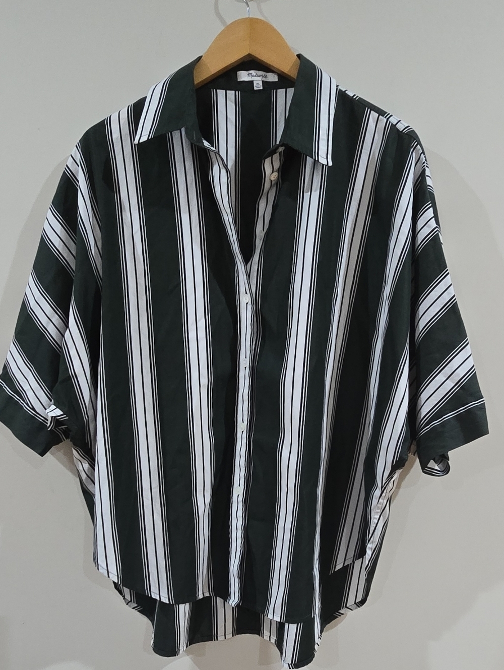 Madewell  Womens Blouse Striped Green & White Collared Button-Up Short Sleeve XL